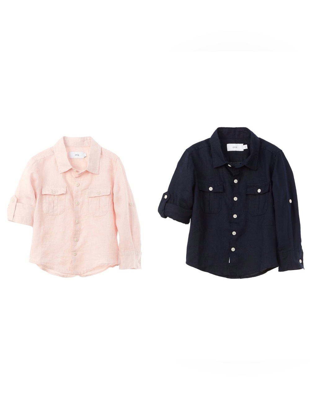 Set of Two Onia Kids Garret Button Down Linen Woven Shirts, Navy & Petal, NWT